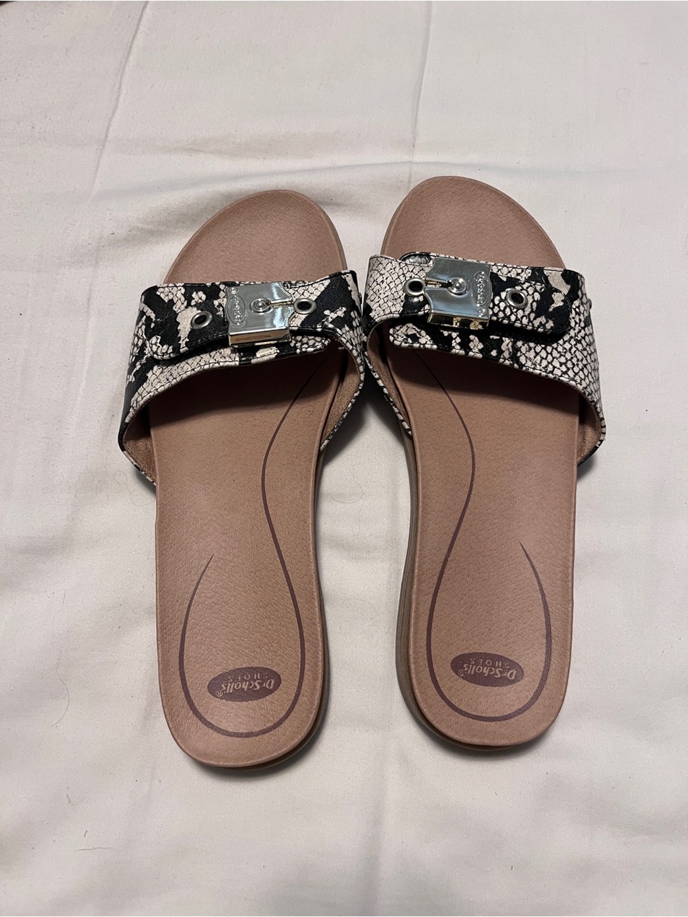 Dr. Scholl's Black and White Snake-Print Slide Sandals with Silver Buckle